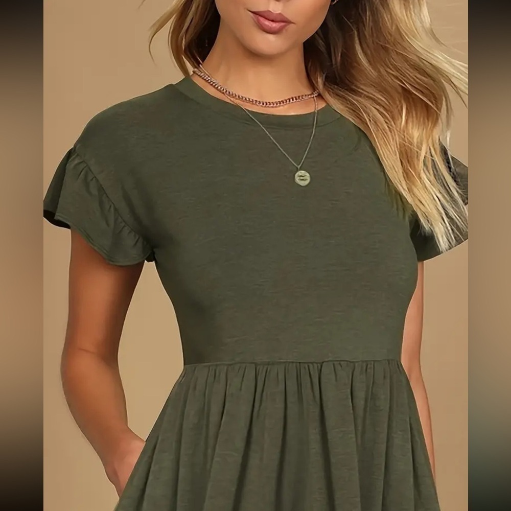 Solid Color Ruffle Hem Dress, Crew Neck Short Sleeve Dress For Spring & Summer - Picture 4 of 5
